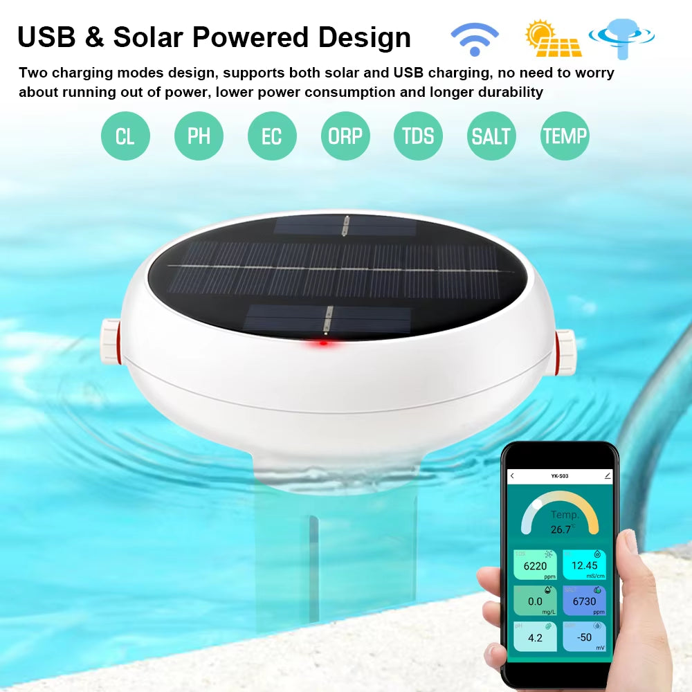 Wifi Chlorin Meter PH ORP EC Total Dissolved Solids Salinity Temp CL Test Meter Swimming Pool Water Tester Solar Powered