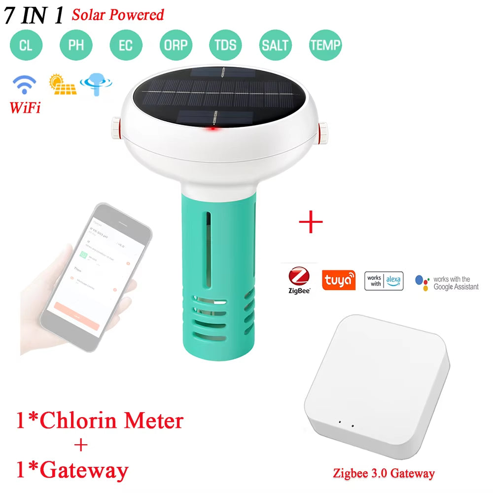 Wifi Chlorin Meter PH ORP EC Total Dissolved Solids Salinity Temp CL Test Meter Swimming Pool Water Tester Solar Powered